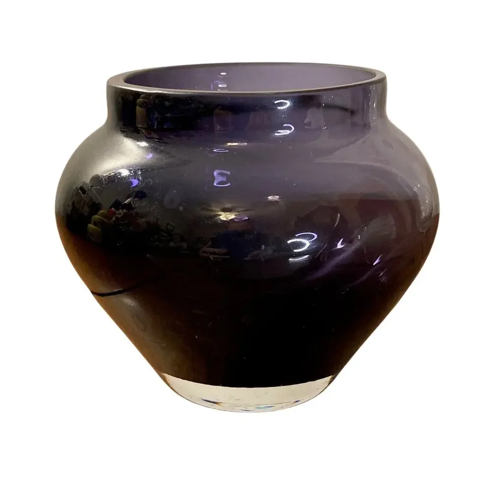 Vintage Mid-Century Amethyst Heavy Art Glass Vase w/Clear Base Potbelly Shape